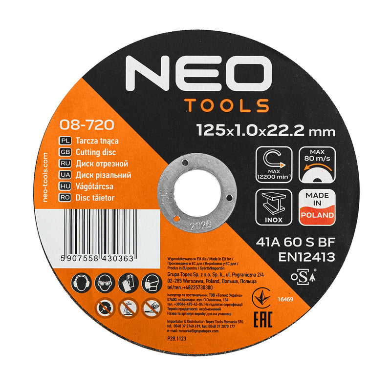 Metal/INOX cutting discs 125 x 1.0 x 22.2mm 41 A60-S-BF 25 pcs. carton. Manufactured in PL