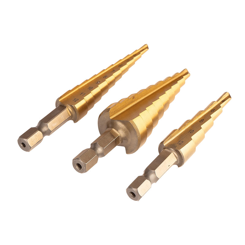 HSS TiN Step Drill Bit Set 3-20mm Hex 3pc