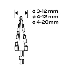 HSS TiN Step Drill Bit Set 3-20mm Hex 3pc